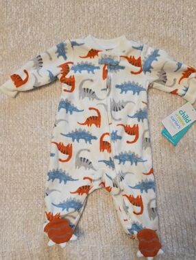 child of mine White Fleece Dinosaur Footed Pajamas in Blue, Orange, Gray